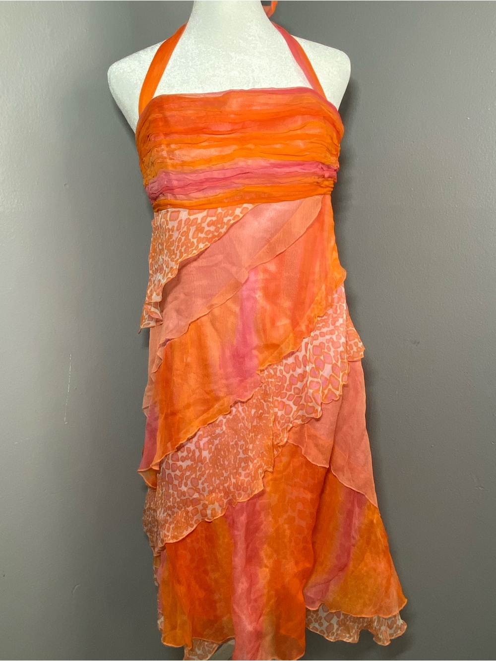 NWT- Laundry by Shelli Seagal - Halter/Strapless Orange & Pink Tiered Silk Dress